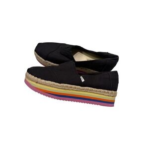 TOMS Black Platform‎ Espadrille Flats Rainbow Sole Womens Size 7.5
